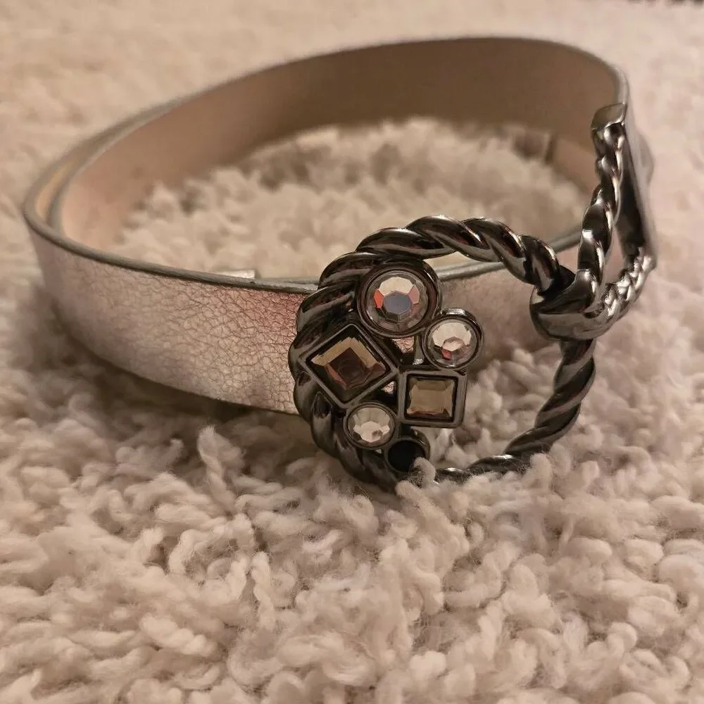 Chico's Silver Leather Belt Rhinestone Buckle M/L
